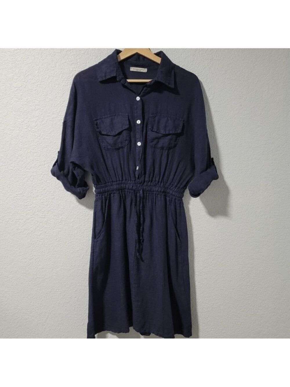 Francesca Bettini 100% Linen Navy Pocket  Dress Made in Italy NWT Size M